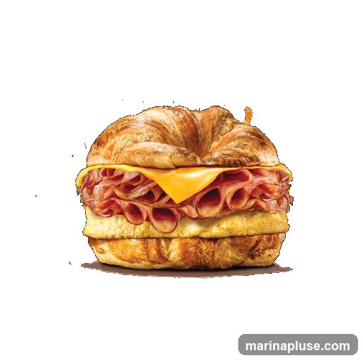 A close-up studio shot of a breakfast sandwich on a black background. The sandwich is made with a flaky croissant, layered with folded slices of ham, a slice of melted yellow cheese, and a thick patty of cooked egg.