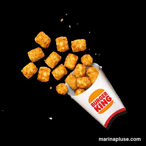 A white paper container with the Burger King logo is spilling golden-brown tater tots onto a black background. Some tater tots are inside the container, while others are scattered around it.