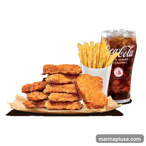 A meal consisting of a stack of chicken nuggets, a container of french fries, and a glass of Coca-Cola Zero Sugar. The nuggets are golden brown and appear to be breaded. The fries are also golden brown and crispy. The Coca-Cola is in a clear glass with ice and condensation, and the label indicates it is Zero Sugar and 0 Calories.