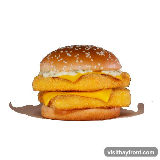 A close-up studio shot of a double Filet-O-Fish sandwich against a black background. The sandwich features a sesame seed bun, tartar sauce, two breaded fish patties, and two slices of American cheese.