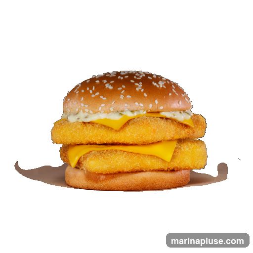 A close-up studio shot of a double Filet-O-Fish sandwich against a black background. The sandwich features a sesame seed bun, tartar sauce, two breaded fish patties, and two slices of American cheese.