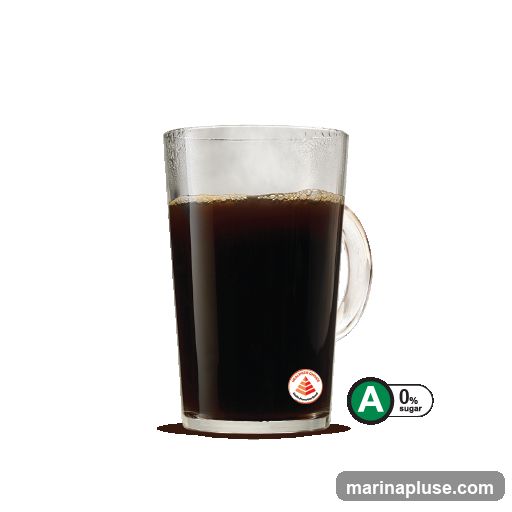 A clear glass mug filled with dark coffee, emitting steam. A circular logo with a pyramid design and text is on the mug. To the right, a green label indicates 'A' and '0% sugar'.