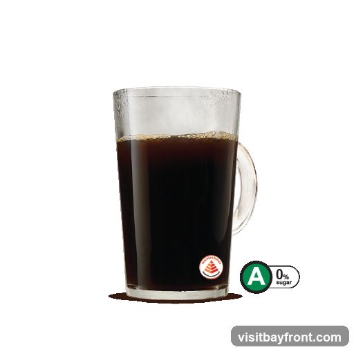 A clear glass mug filled with dark coffee, emitting steam. A circular logo with a pyramid design and text is on the mug. To the right, a green label indicates 'A' and '0% sugar'.