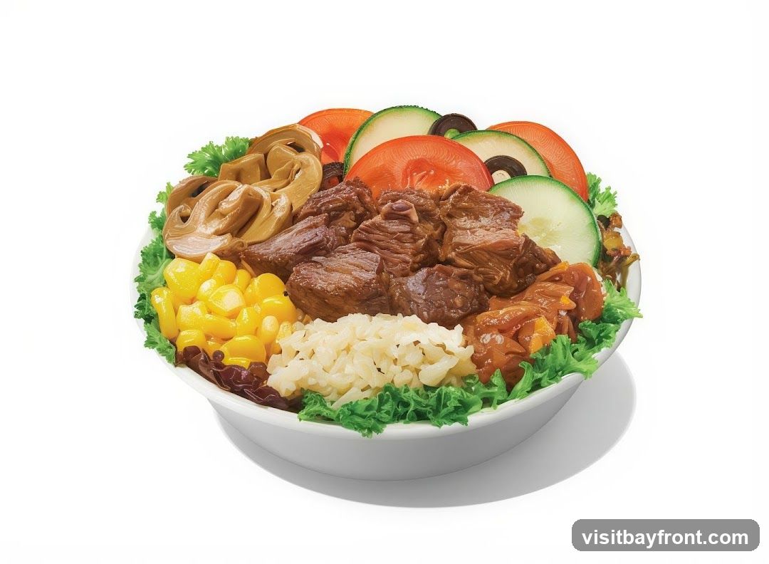 A white bowl filled with a salad. The salad contains lettuce, three round veggie patties, a scoop of guacamole, a portion of white rice, corn kernels, chopped mushrooms, sliced tomatoes, and sliced cucumbers.