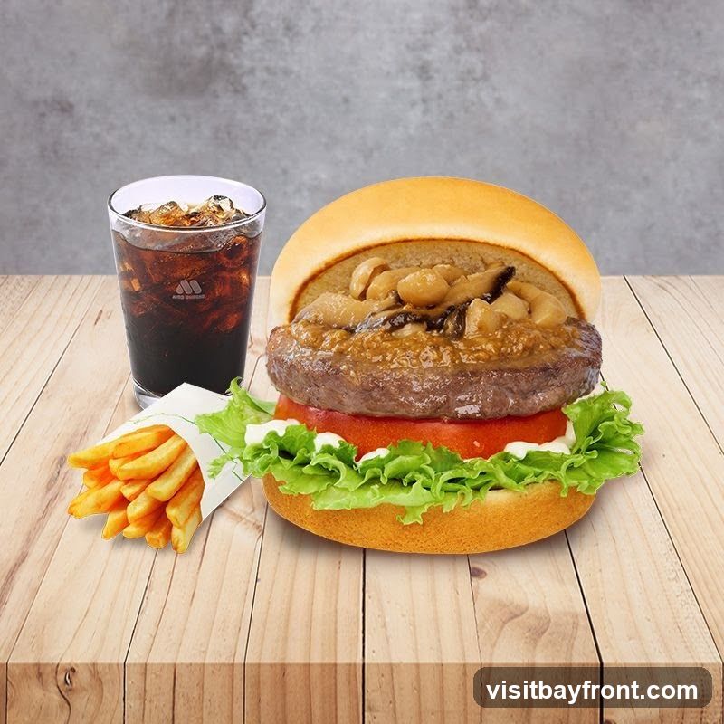 A white paper container filled with golden-brown french fries sits on a wooden table. The container has a green line design and a small green logo on the right side. The background is a textured gray wall.