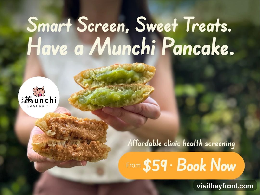 A person holds two halves of pancakes, one filled with a green paste and the other with a peanut butter-like filling. A circular logo with the text "滿unchi PANCAKES" and a cartoon squirrel is visible. Text overlays read "Smart Screen, Sweet Treats. Have a Munchi Pancake." and "Affordable clinic health screening From $59. Book Now.".