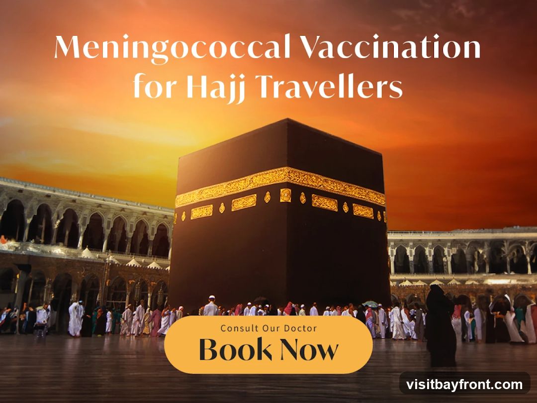 A graphic promoting meningococcal vaccination for Hajj travellers, featuring an image of the Kaaba in Mecca with a crowd of people. Text overlays read "Meningococcal Vaccination for Hajj Travellers" and "Consult Our Doctor Book Now".