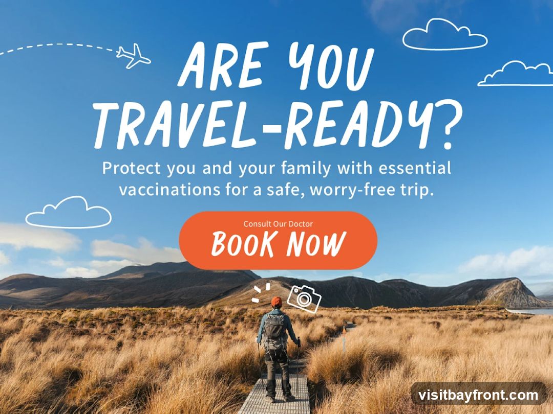 A graphic promoting travel vaccinations. The text reads "ARE YOU TRAVEL-READY? Protect you and your family with essential vaccinations for a safe, worry-free trip." Below this, there is an orange button that says "Consult Our Doctor BOOK NOW". The background is a scenic landscape with mountains, dry grass, and a blue sky with clouds and a drawing of an airplane. A person with a backpack and camera is walking on a boardwalk in the foreground.