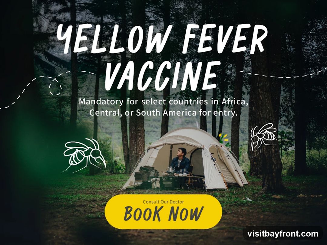 A graphic promoting the Yellow Fever Vaccine, stating it is mandatory for entry into select countries in Africa, Central, or South America. It features a tent in a forest setting with a person inside, and stylized mosquito illustrations. A button prompts users to 'Consult Our Doctor' and 'Book Now'.