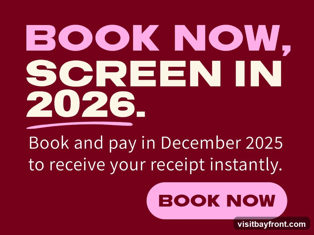 A dark red background with large, bold text in pink and cream. The text reads "BOOK NOW, SCREEN IN 2026." Below this, smaller text states "Book and pay in December 2025 to receive your receipt instantly." A pink, rounded button at the bottom says "BOOK NOW."