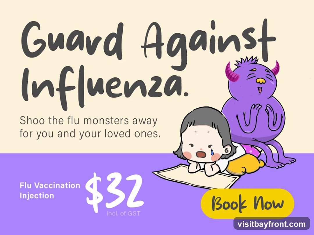 An illustration promoting flu vaccination. The text reads "Guard Against Influenza. Shoo the flu monsters away for you and your loved ones." Below this, it states "Flu Vaccination Injection" with a price of "$32 Incl. of GST". A yellow "Book Now" button is visible. The illustration features a crying child and a purple monster with horns.
