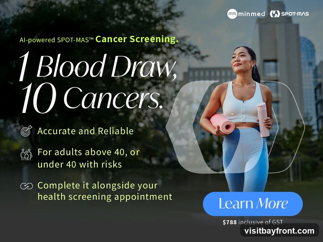 An advertisement for AI-powered SPOT-MAST™ Cancer Screening. The text highlights "1 Blood Draw, 10 Cancers," and states it is "Accurate and Reliable." It is recommended for adults above 40, or under 40 with risks, and can be completed alongside a health screening appointment. A woman in athletic wear is shown holding a yoga mat and a water bottle. The price is listed as $788 inclusive of GST.