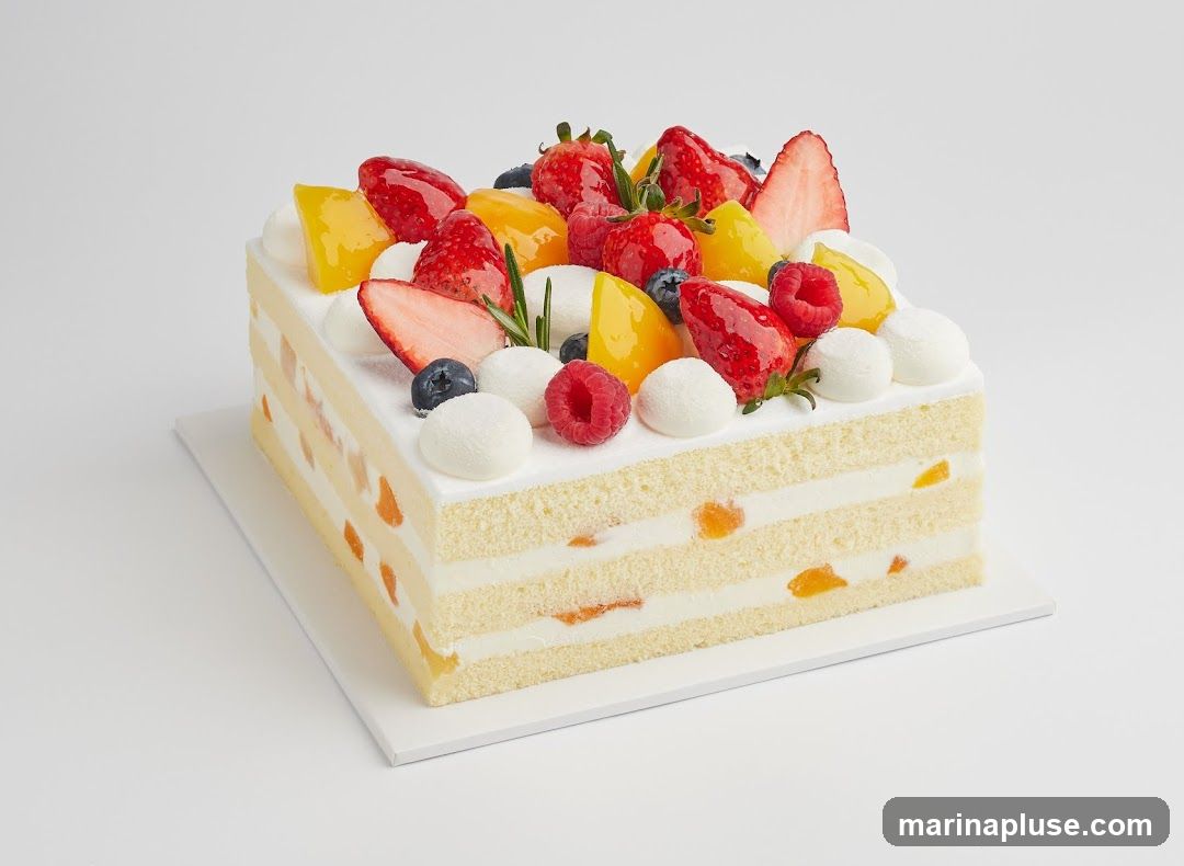 A square cake with layers of sponge cake and cream, topped with fresh strawberries, raspberries, blueberries, mango, and dollops of whipped cream.