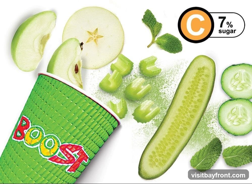 A green cup with the word "BOOST" in colorful letters is shown. Slices of green apple, chopped celery, a whole cucumber, cucumber slices, and mint leaves are scattered around the cup. A graphic indicates "C 7% sugar".