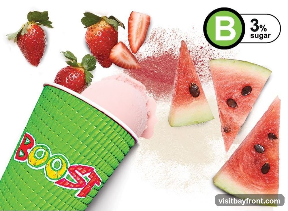 A green cup with the word "BOOST" in colorful letters is filled with pink ice cream. Several strawberries and slices of watermelon are scattered around the cup, along with a dusting of red powder. A circle with a green "B" and "3% sugar" is visible in the upper right corner.