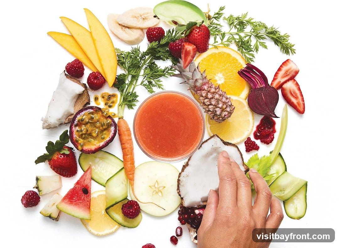 A vibrant, overhead shot showcases a colorful assortment of fresh fruits and vegetables, artfully arranged on a white surface. The collection includes sliced mango, bananas, strawberries, raspberries, passion fruit, watermelon, pineapple, orange, lemon, apple, coconut, beetroot, carrots, cucumber, and celery. A glass of red juice is centrally placed, surrounded by the ingredients. A hand is visible on the right side, gently touching a piece of coconut.