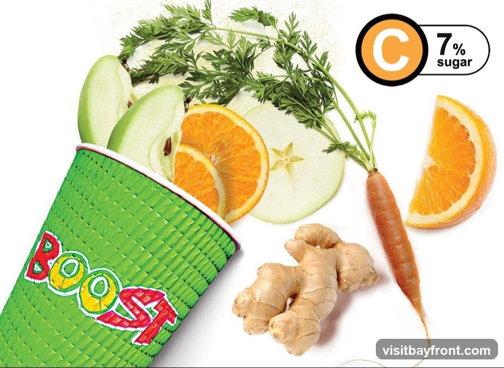 A green textured cup with the word "BOOST" in red and yellow lettering is filled with sliced green apples and oranges. Surrounding the cup are slices of orange, a slice of green apple, a whole carrot with greens, and a piece of ginger. A graphic indicates "C" and "7% sugar".