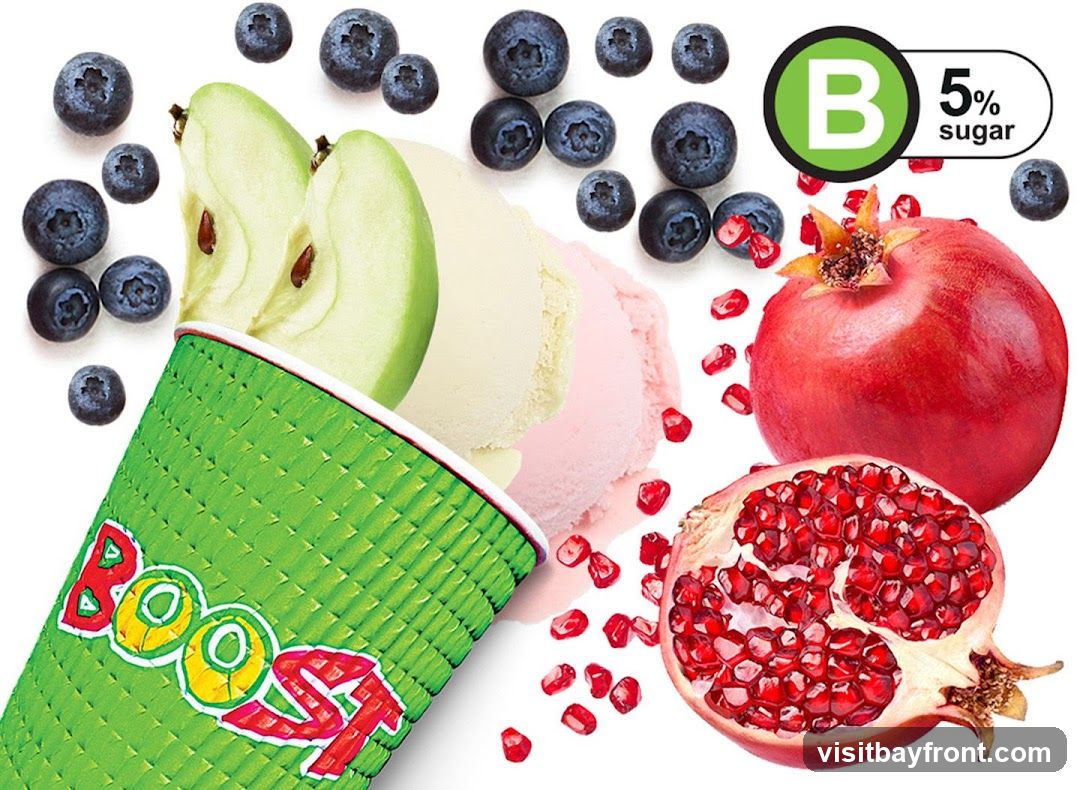 A green cup with the word "BOOST" in colorful letters is shown. Inside the cup, there are scoops of light yellow and pink ice cream, topped with slices of green apple. Scattered around the cup are blueberries, a whole pomegranate, and a halved pomegranate revealing its seeds. A circular badge with a green 'B' and the text '5% sugar' is visible in the upper right corner.