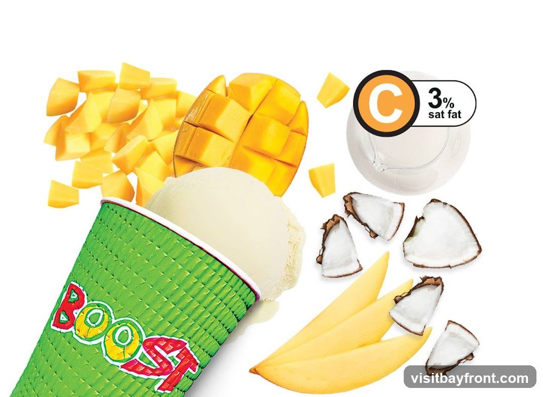 A green cup with the word "BOOST" in colorful letters contains a scoop of light-colored ice cream. Scattered around the cup are diced mangoes, sliced mangoes, pieces of coconut, and a glass with a liquid and a nutritional label indicating "C" and "3% sat fat".
