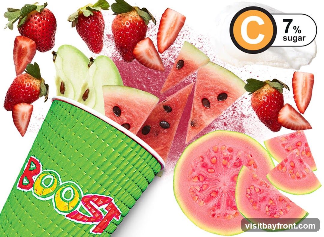 A vibrant arrangement of fresh fruits, including strawberries, watermelon slices, apple slices, and guava halves, are depicted around a green textured cup with the word "BOOST" in colorful lettering. A graphic element indicates "C 7% sugar". The composition suggests ingredients for a healthy and refreshing beverage.