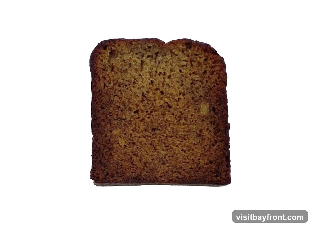 A single slice of brown bread is shown against a white background. The bread has a dense texture with visible crumbs and a slightly uneven crust.
