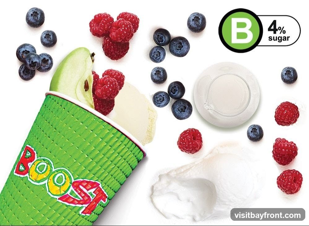 A green cup with the word "BOOST" in colorful letters is filled with ice cream, raspberries, and apple slices. Scattered around the cup are blueberries, raspberries, a dollop of yogurt or cream, and a small white bowl. A green circle with a white "B" and the text "4% sugar" is in the upper right corner.
