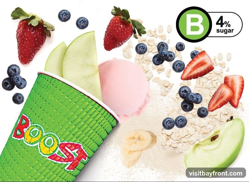 A green cup with the word "BOOST" in colorful letters is shown. Ingredients for a smoothie are scattered around the cup, including strawberries, blueberries, apple slices, banana slices, oats, and a scoop of pink ice cream. A nutritional rating of "B" with "4% sugar" is visible in the upper right corner.