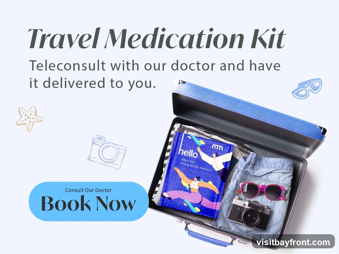 A blue suitcase is open and packed with travel essentials including a book, jeans, sunglasses, and a camera. The background features illustrations of a starfish, a camera, and sunglasses. Text overlays promote a travel medication kit and teleconsultation services with a doctor.