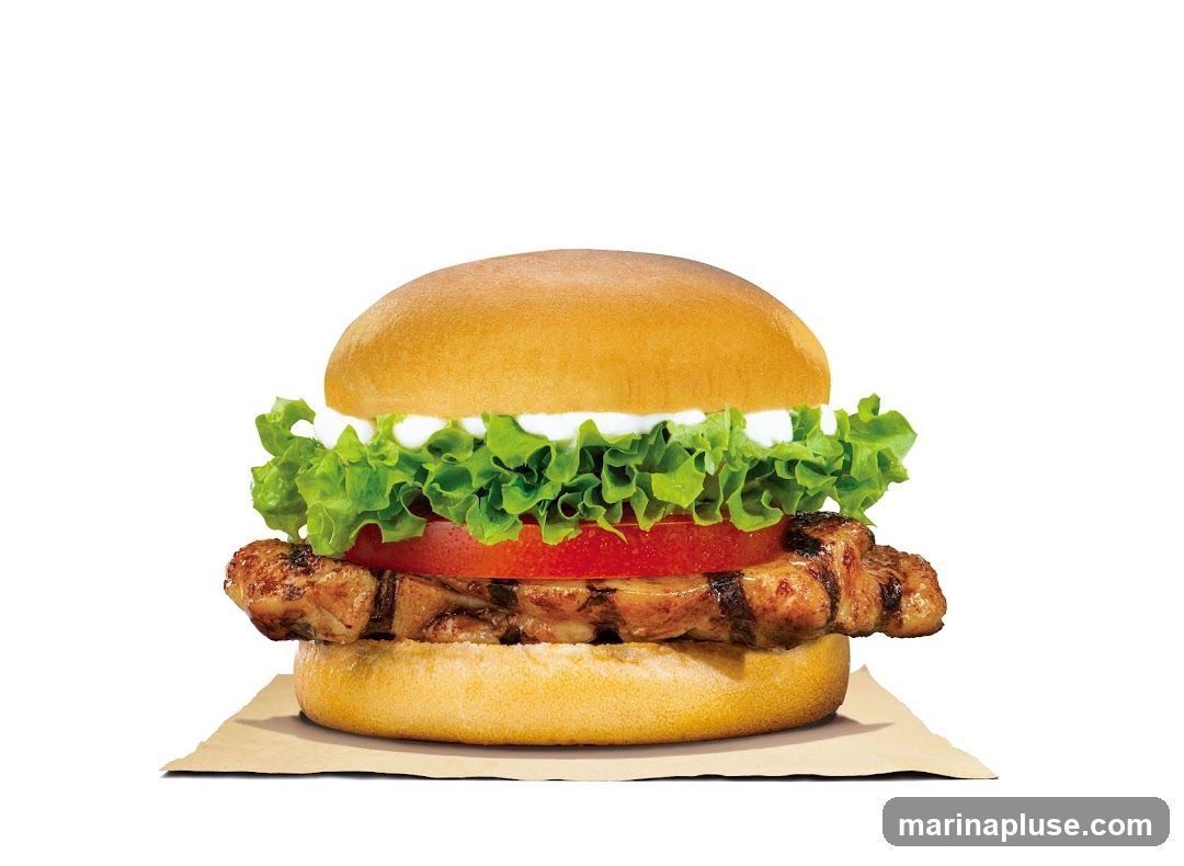A close-up studio shot of a grilled chicken burger on a white background. The burger has a golden-brown bun, crisp green lettuce, a thick slice of red tomato, and a grilled chicken patty. It is served on a piece of brown paper.