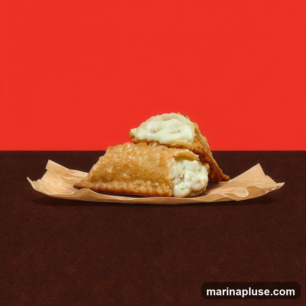 A close-up shot of two fried pastries, one on top of the other, served on a piece of brown paper. The pastries appear to be golden brown and crispy, with a creamy white filling visible in the cut pastry. The background is a solid, vibrant red.