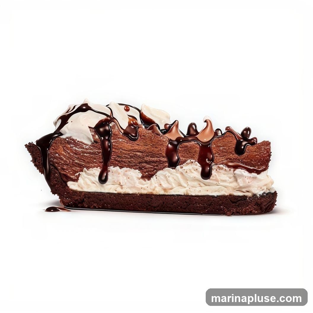 A slice of rich chocolate pie with layers of chocolate mousse, whipped cream, and a chocolate crust, generously drizzled with chocolate sauce.