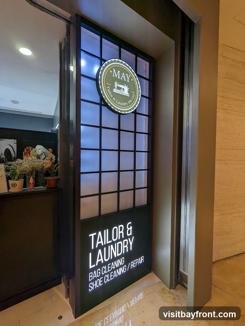 The exterior of a tailor and laundry shop. A circular sign with "MAY Tailor & Laundry Pte Ltd" and an illustration of a sewing machine is visible. Below this, a lit sign reads "TAILOR & LAUNDRY BAG CLEANING SHOE CLEANING / REPAIR".