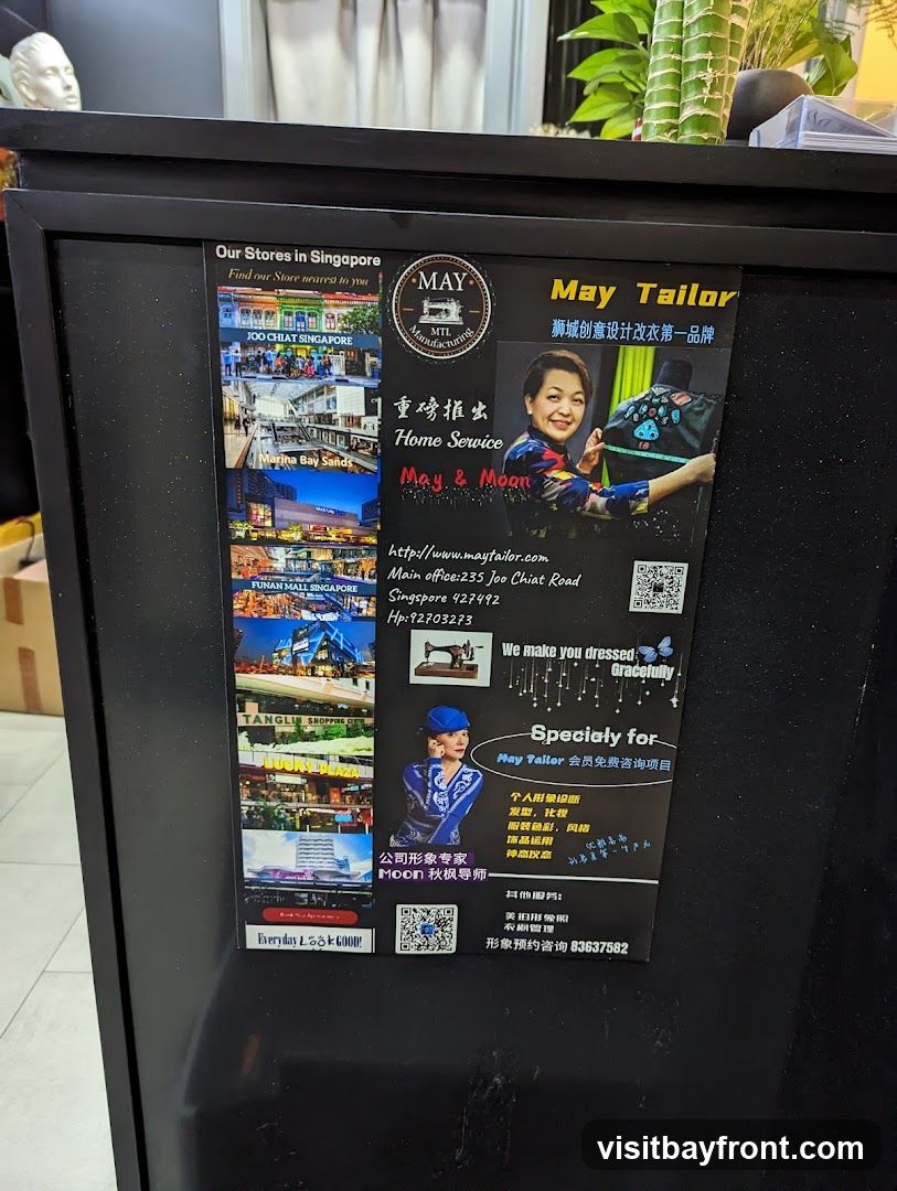 A flyer for May Tailor, a custom tailoring service in Singapore. It features images of their stores in various Singaporean locations, including Joo Chiat, Marina Bay Sands, Funan Mall, and Tanglin Shopping Centre. The flyer highlights their home service and mentions "May & Moon" as part of their offerings. It also includes contact information, a website, and services such as personal image consulting, hair and makeup, clothing color and style advice, accessory usage, and demeanor.