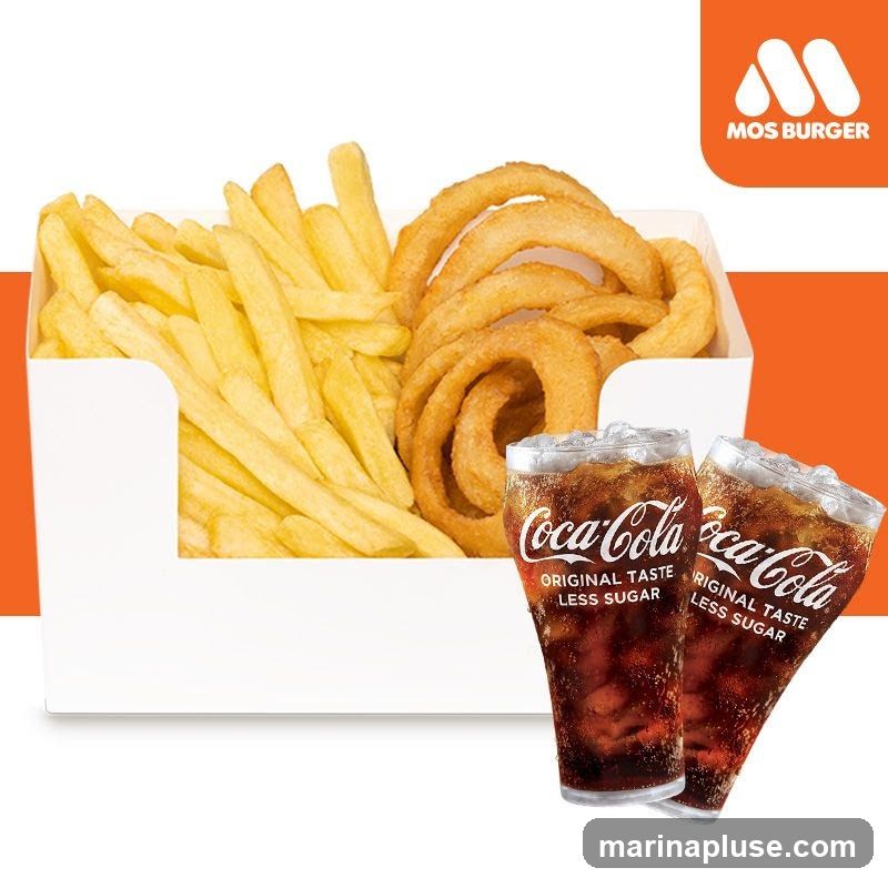 A white container filled with french fries and onion rings is shown. Two glasses of Coca-Cola, labeled "Original Taste Less Sugar," are placed in front of the container. The Mos Burger logo is visible in the upper right corner.
