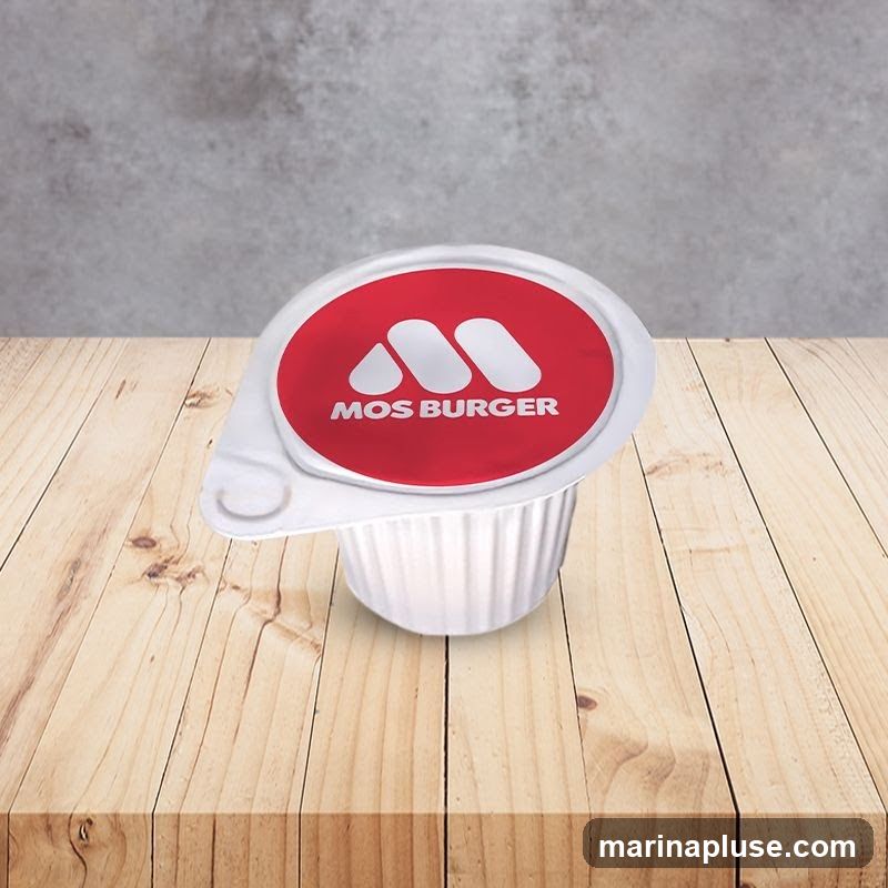 A single-serving container of sauce with the Mos Burger logo on a wooden surface. The lid is red with the white Mos Burger logo and text. The container itself is white and ribbed. The background is a textured gray wall.
