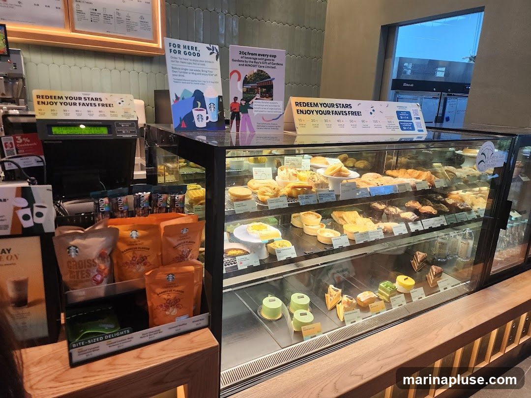 A display case filled with various pastries, cakes, and packaged snacks at a Starbucks. The display includes items like croissants, tarts, small cakes, and packaged coffee beans. There are also promotional signs for redeeming stars for free items and a campaign called "For Here, For Good."