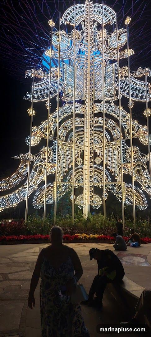 A large, ornate structure covered in lights is illuminated against a dark night sky. The structure has a central column with intricate, branching patterns made of numerous small lights. In the foreground, several people are visible, some sitting and others standing, appearing to be visitors enjoying the display. The ground is paved, and there are planters with red and yellow flowers at the base of the illuminated structure.