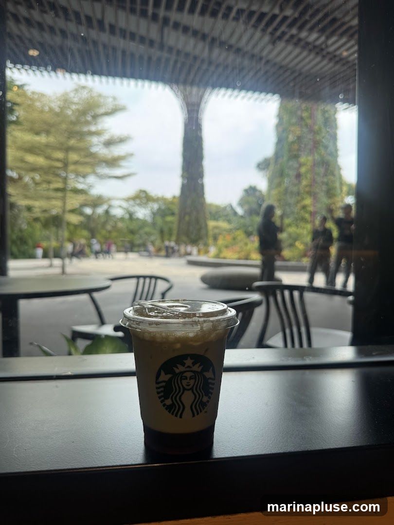 A Starbucks cup with the logo is placed on a dark surface, with a view of the Gardens by the Bay in Singapore through a window. The Supertrees and surrounding greenery are visible in the background, along with some people walking around.