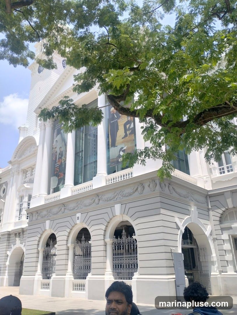 A large, ornate white building with arched windows and decorative molding is partially obscured by the branches of a lush green tree. Banners with images of people in formal attire are displayed on the upper floors of the building. The sky is visible through the leaves of the tree.