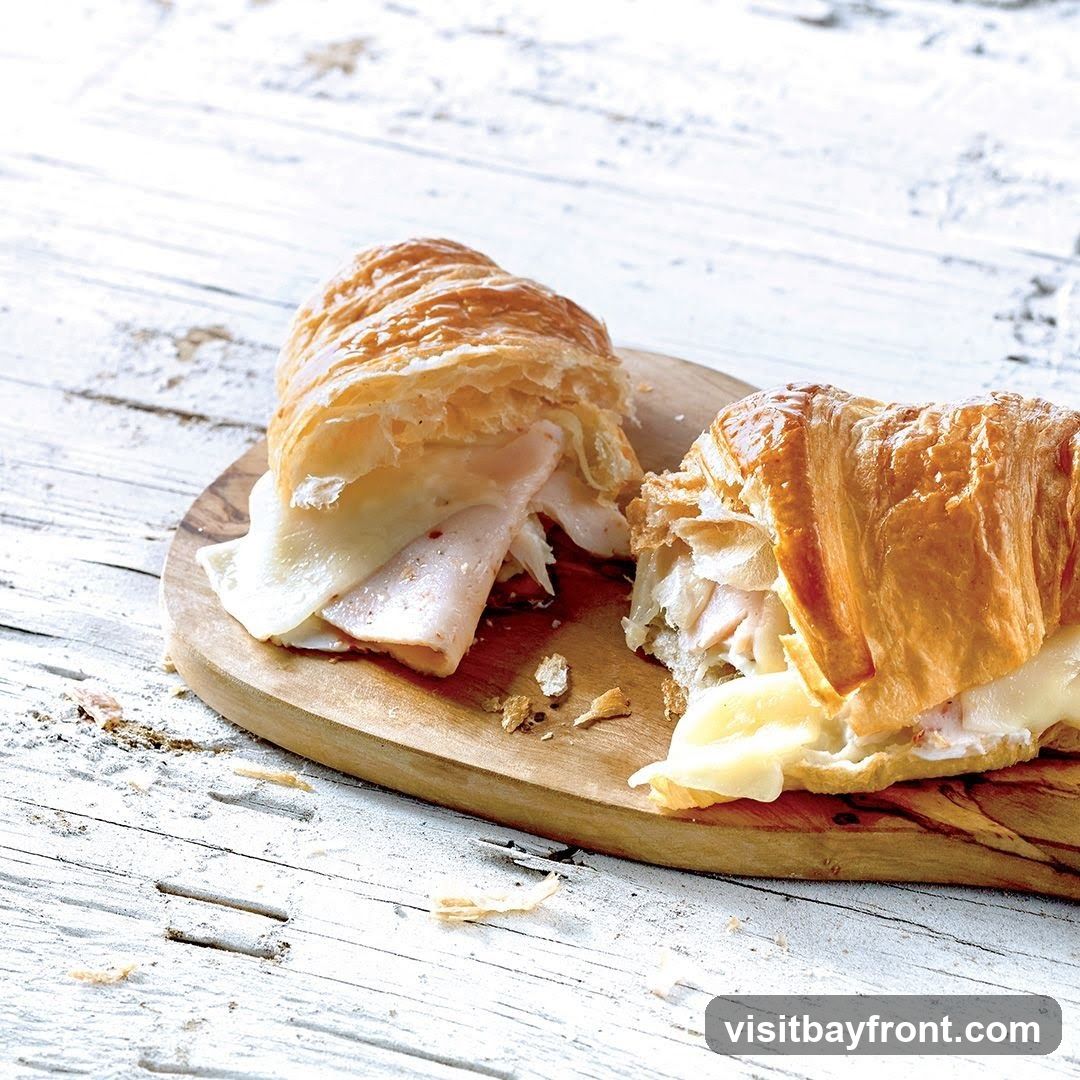 A croissant sandwich filled with turkey and cheese, cut in half and served on a wooden board. The background is a distressed white wooden surface.