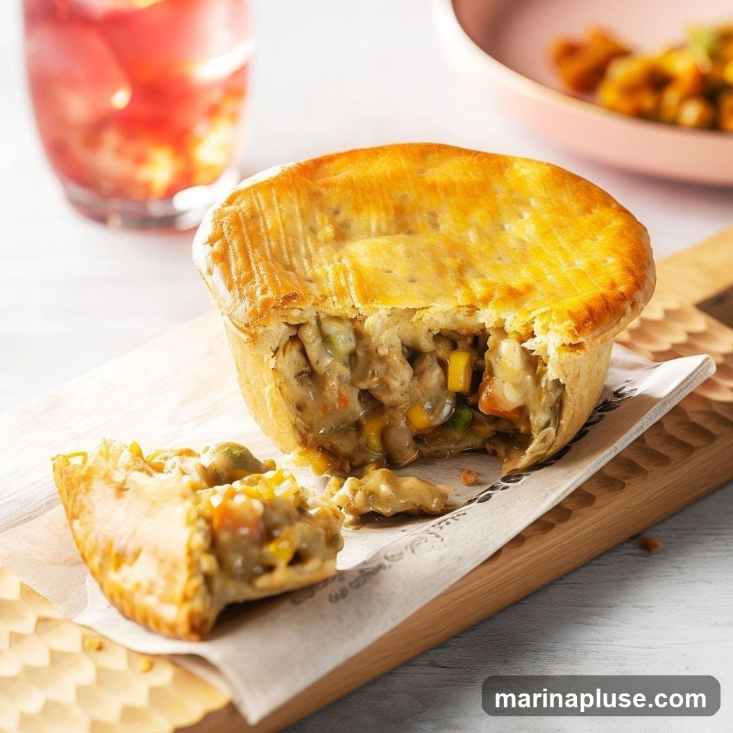A close-up shot of a chicken pot pie with a flaky golden crust, partially opened to reveal a creamy filling with chicken and vegetables. A piece of the crust has broken off and rests in front of the pie. The pie is served on a wooden board with a patterned napkin. In the background, a glass of red liquid and a pink bowl with food are visible.