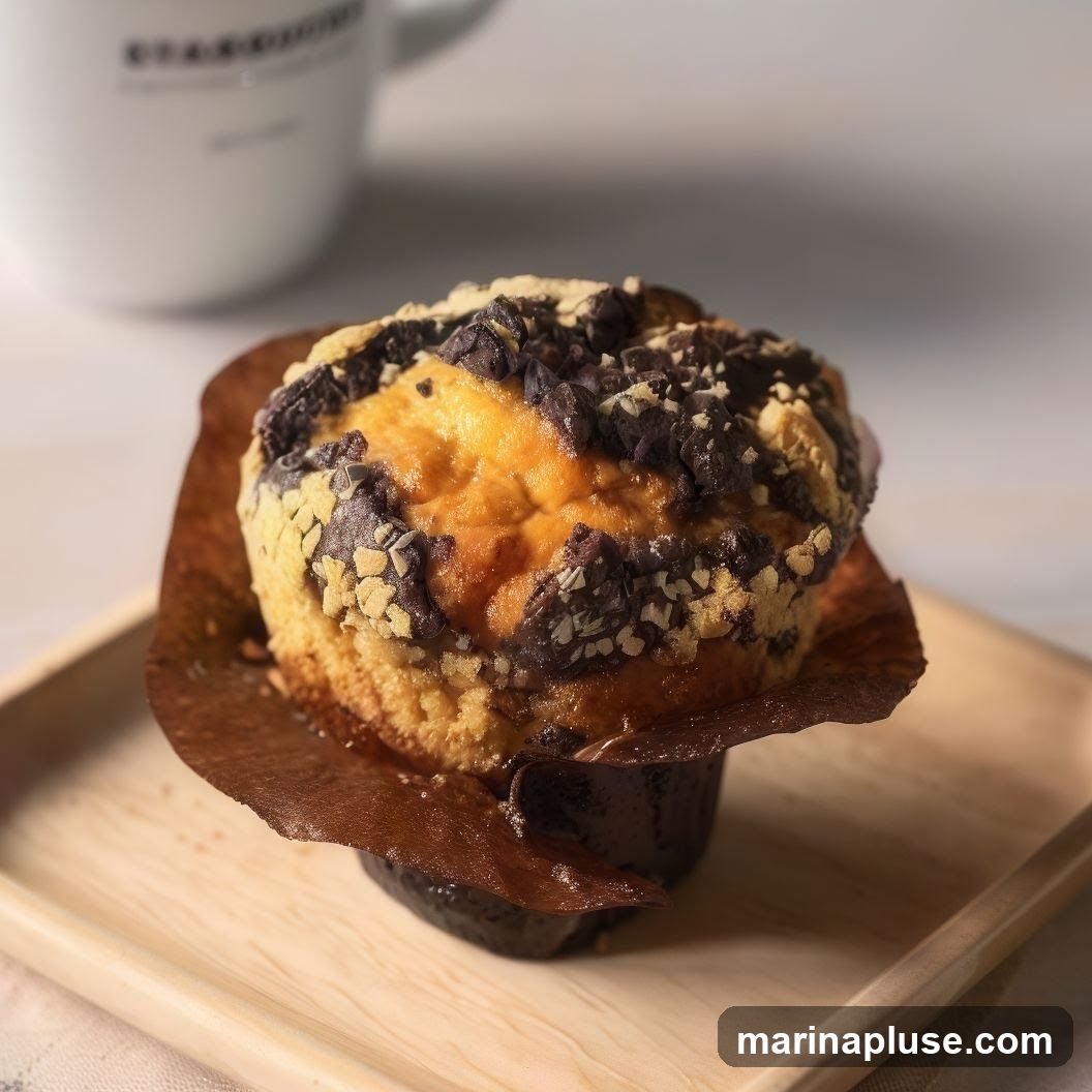 A close-up shot of a muffin with dark chocolate chunks and chopped nuts on top, served in a brown paper liner on a wooden tray. A white mug with a logo is blurred in the background.