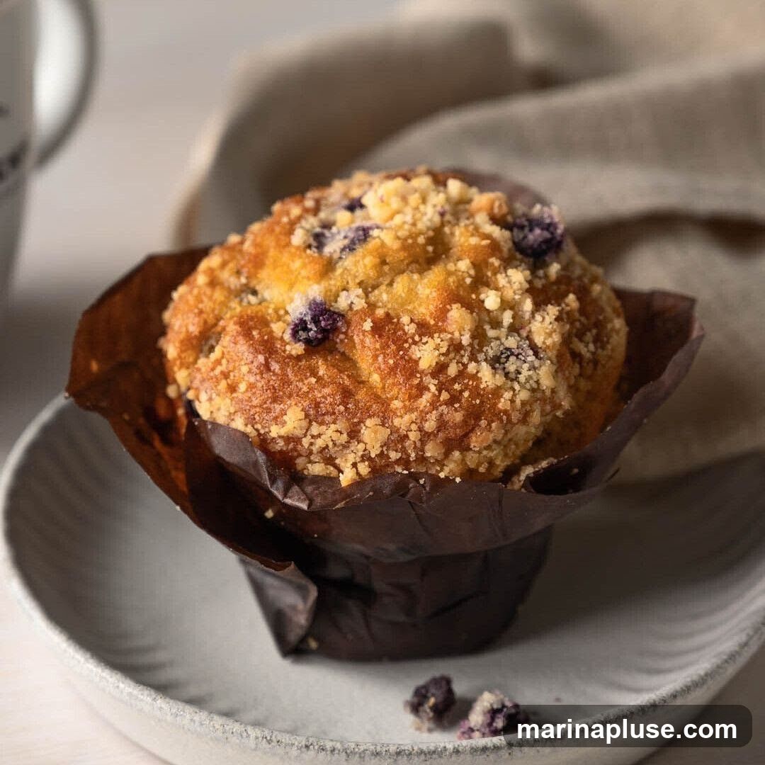 A close-up shot of a blueberry muffin with a crumb topping, presented in a brown paper liner on a textured plate. A beige cloth is visible in the background, along with a portion of a white mug.