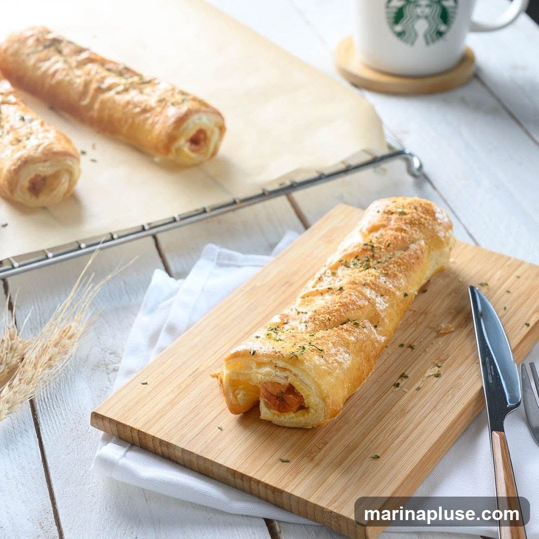 Two golden-brown sausage rolls are presented on a baking rack, with one prominently displayed on a wooden cutting board. The rolls are sprinkled with herbs and breadcrumbs. A white mug with the Starbucks logo is visible in the background, along with a sprig of wheat.