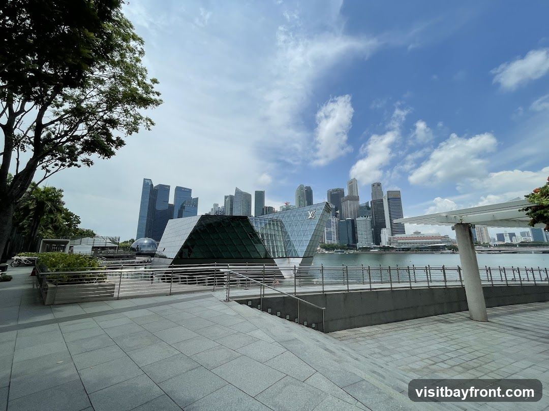 A wide-angle view of a city skyline featuring tall glass skyscrapers under a partly cloudy blue sky. In the foreground, there is a paved walkway bordered by metal railings leading to a water body. A distinctive angular building with reflective green-tinted panels stands prominently near the center-left. Trees frame the left side, adding natural contrast to the urban environment.