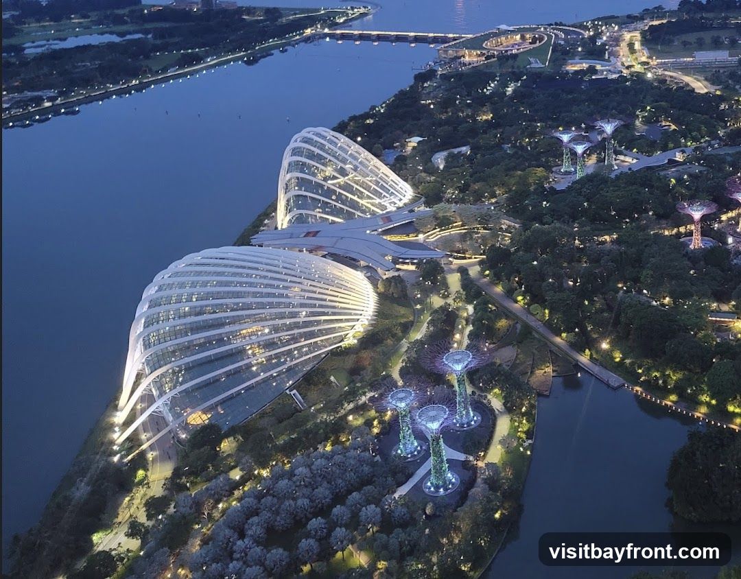 Aerial night view of Singapore's Gardens by the Bay, featuring illuminated Flower Dome and Cloud Forest domes alongside Supertree Grove structures along a waterfront.