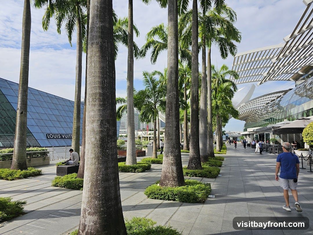 A wide pedestrian walkway lined with tall palm trees, leading toward modern glass architecture including a Louis Vuitton store on the left and a distinctive curved building on the right. People stroll along the path under a partly cloudy sky.