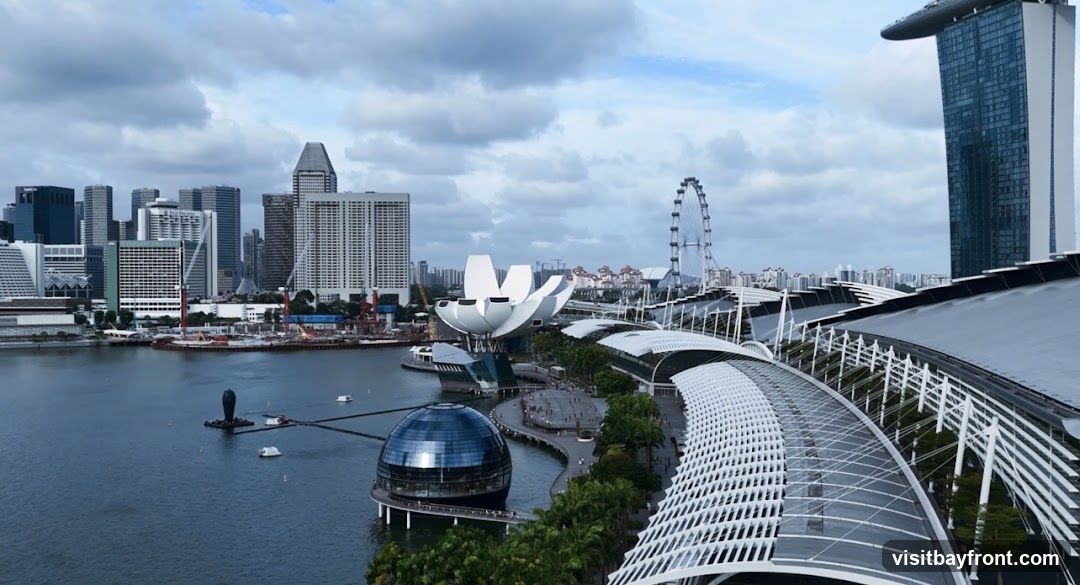 A panoramic view of Singapore's Marina Bay, featuring the ArtScience Museum with its lotus-like structure, the Esplanade – Theatres on the Bay, and the Singapore Flyer ferris wheel in the background. The skyline includes modern skyscrapers under a partly cloudy sky.