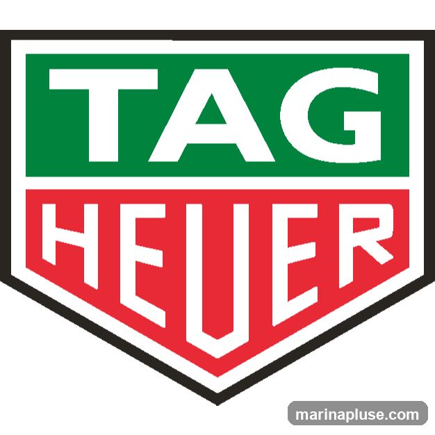 The image displays the TAG Heuer logo, which is a shield shape divided horizontally. The top half is green with white text reading "TAG". The bottom half is red with white text reading "HEUER". The logo has a black border.