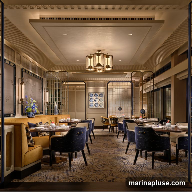 A beautifully decorated restaurant interior with a sophisticated ambiance. The dining area features plush booth seating in a warm yellow hue and elegant dark blue chairs with intricate patterns. Round tables are set with white tablecloths, place settings, and small decorative items. The room is illuminated by ornate chandeliers and wall sconces, casting a warm glow. Decorative screens with geometric patterns and framed artwork, including a collection of blue and white plates, adorn the walls. The carpet features a swirling abstract design in shades of blue and beige. The overall aesthetic suggests a high-end dining experience with an East Asian influence.